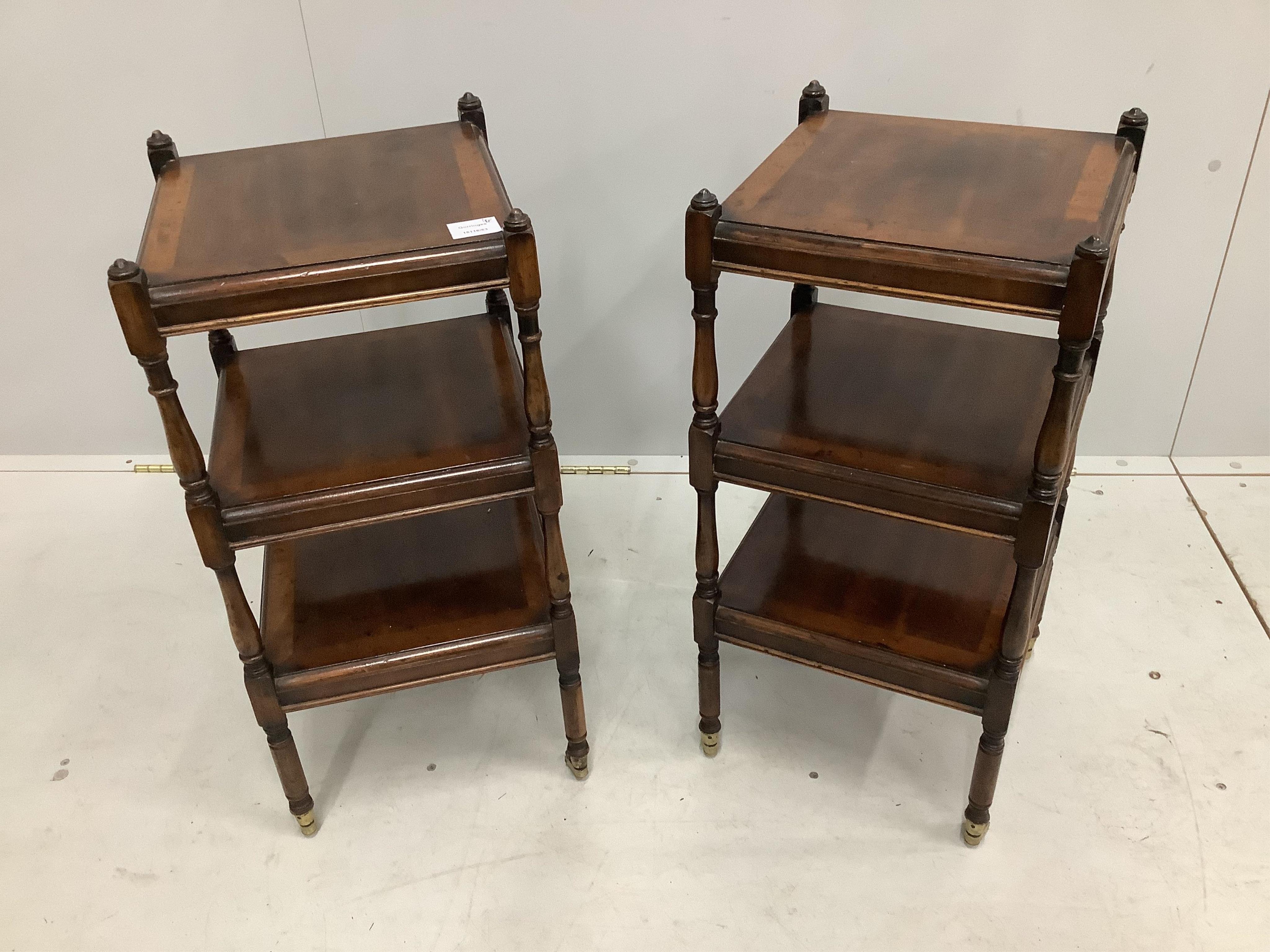 A pair of small square reproduction mahogany three tier whatnots, 32cm, height 68cm. Condition - fair